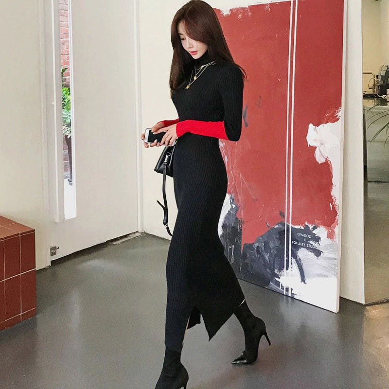Turtleneck Skinny Hit Color Sleeve Knitted Long Sweater Dress