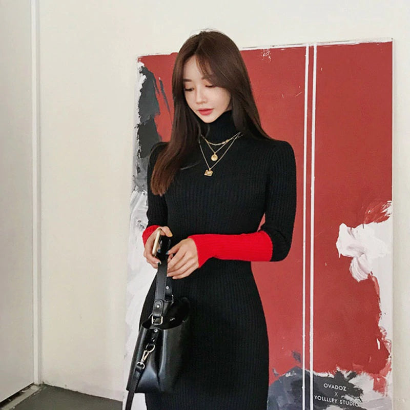 Turtleneck Skinny Hit Color Sleeve Knitted Long Sweater Dress