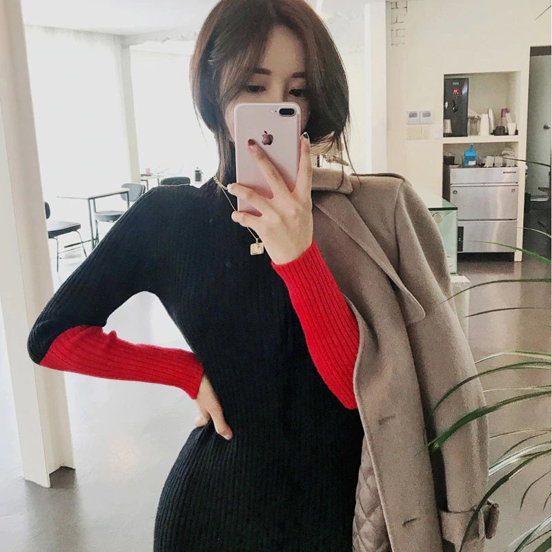 Turtleneck Skinny Hit Color Sleeve Knitted Long Sweater Dress