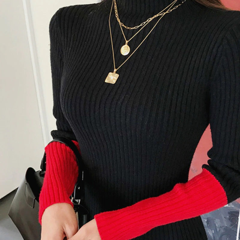 Turtleneck Skinny Hit Color Sleeve Knitted Long Sweater Dress
