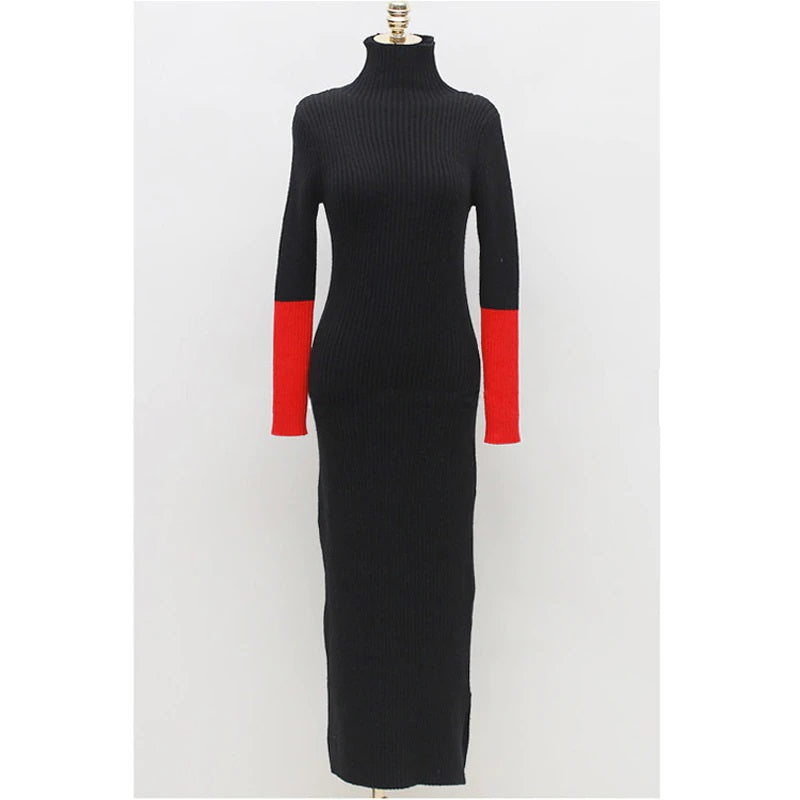 Turtleneck Skinny Hit Color Sleeve Knitted Long Sweater Dress