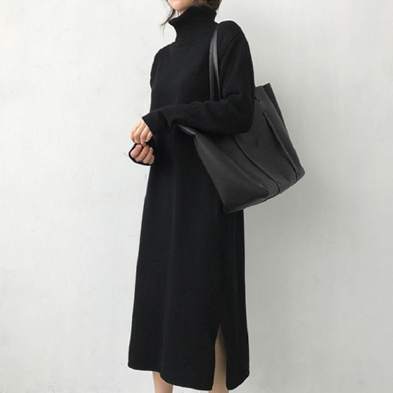 Turtleneck Split Knitting Straight Korean Style Fashionable Sweater Dress