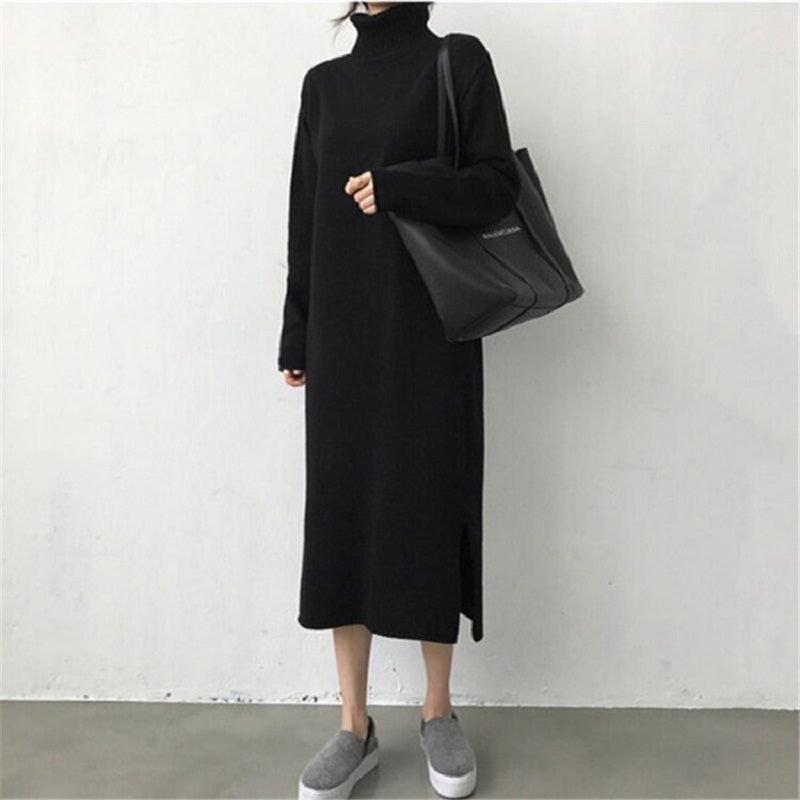 Turtleneck Split Knitting Straight Korean Style Fashionable Sweater Dress