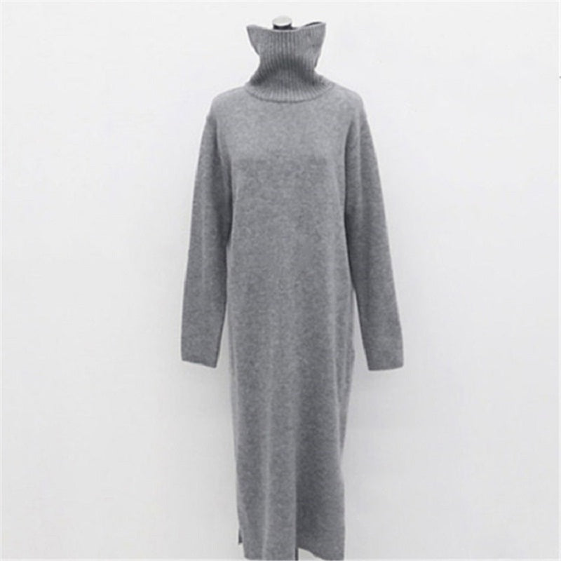 Turtleneck Split Knitting Straight Korean Style Fashionable Sweater Dress