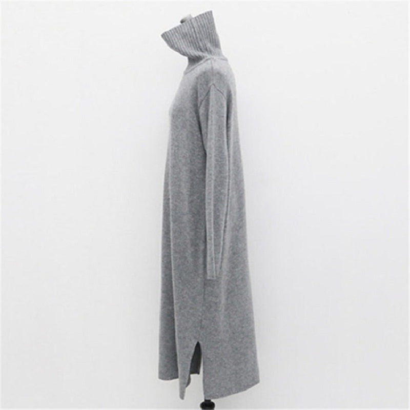 Turtleneck Split Knitting Straight Korean Style Fashionable Sweater Dress