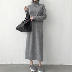 Turtleneck Split Knitting Straight Korean Style Fashionable Sweater Dress