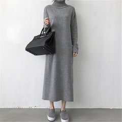 Turtleneck Split Knitting Straight Korean Style Fashionable Sweater Dress
