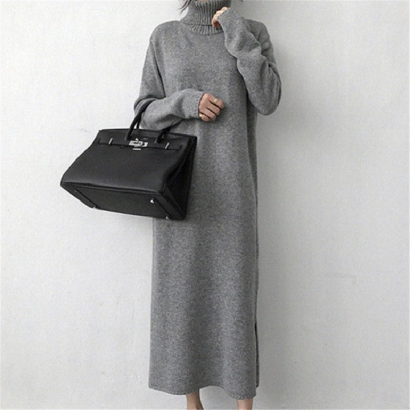 Turtleneck Split Knitting Straight Korean Style Fashionable Sweater Dress