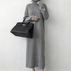 Turtleneck Split Knitting Straight Korean Style Fashionable Sweater Dress
