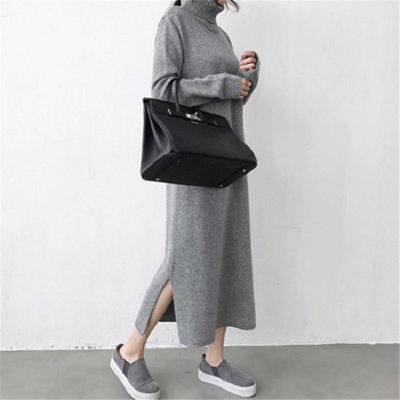 Turtleneck Split Knitting Straight Korean Style Fashionable Sweater Dress