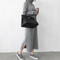 Turtleneck Split Knitting Straight Korean Style Fashionable Sweater Dress