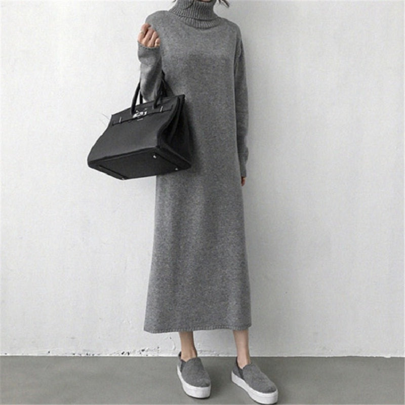 Turtleneck Split Knitting Straight Korean Style Fashionable Sweater Dress