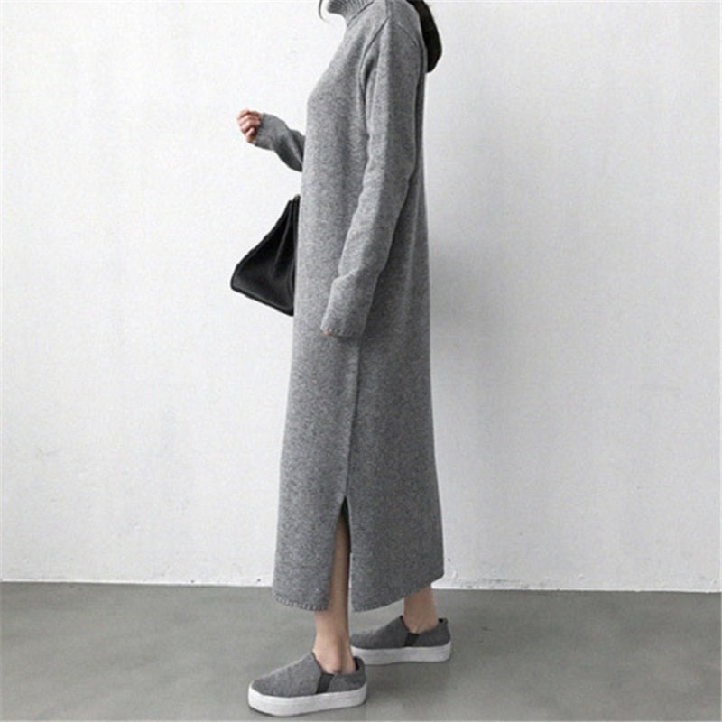 Turtleneck Split Knitting Straight Korean Style Fashionable Sweater Dress