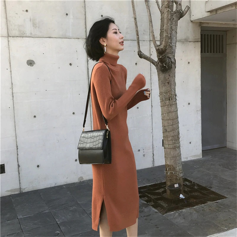 Turtleneck Stretched Side Split Sweater Dress