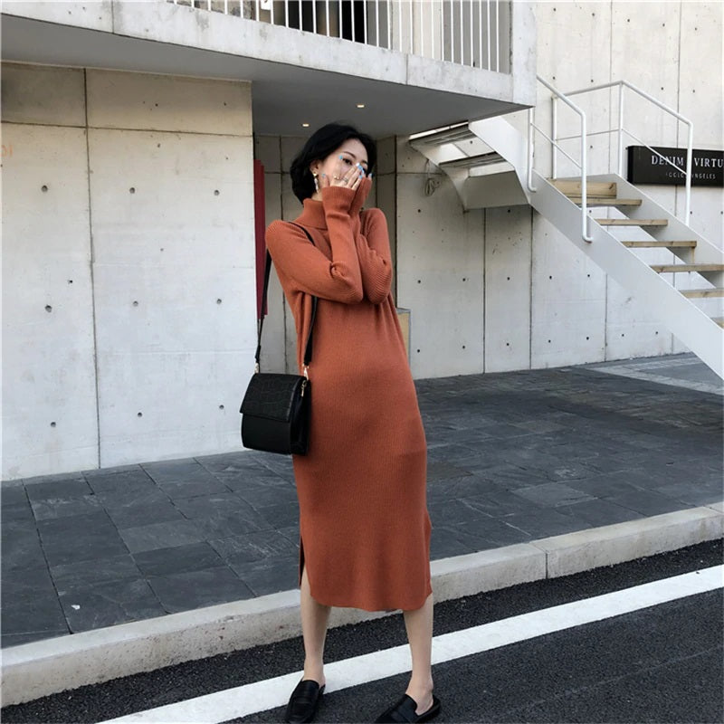Turtleneck Stretched Side Split Sweater Dress