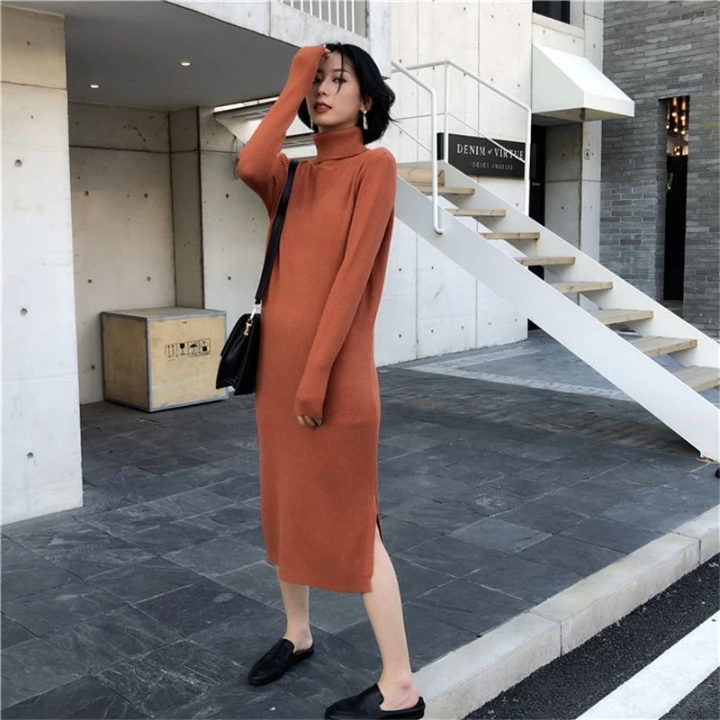 Turtleneck Stretched Side Split Sweater Dress
