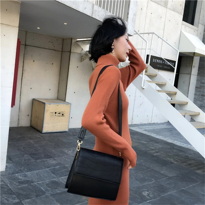 Turtleneck Stretched Side Split Sweater Dress