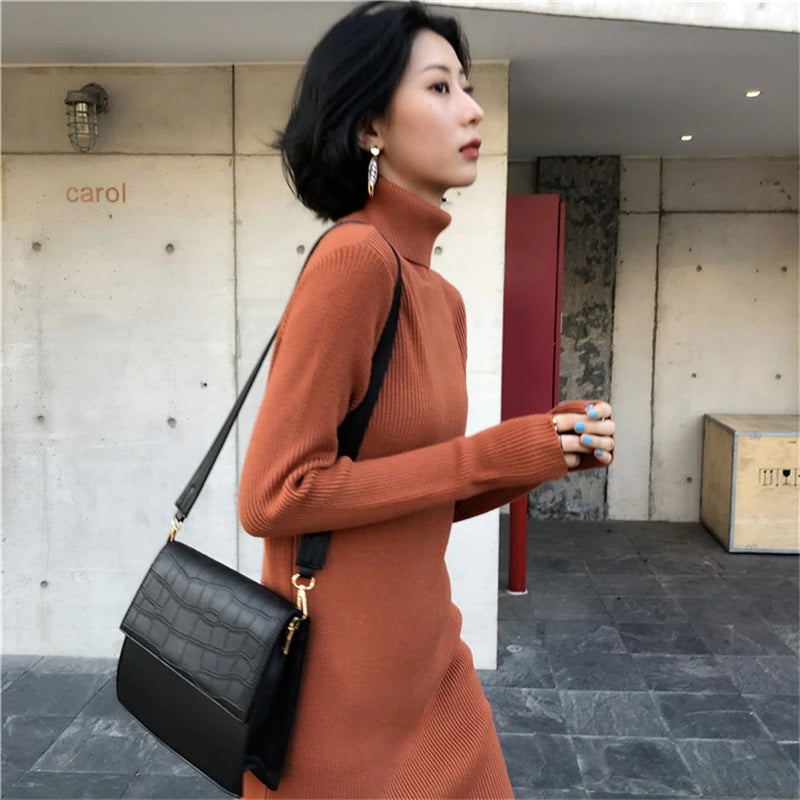 Turtleneck Stretched Side Split Sweater Dress