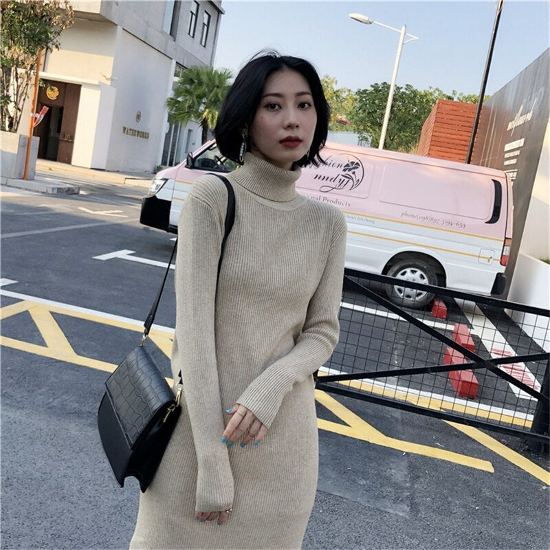 Turtleneck Stretched Side Split Sweater Dress