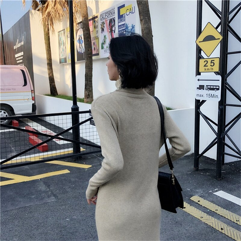 Turtleneck Stretched Side Split Sweater Dress