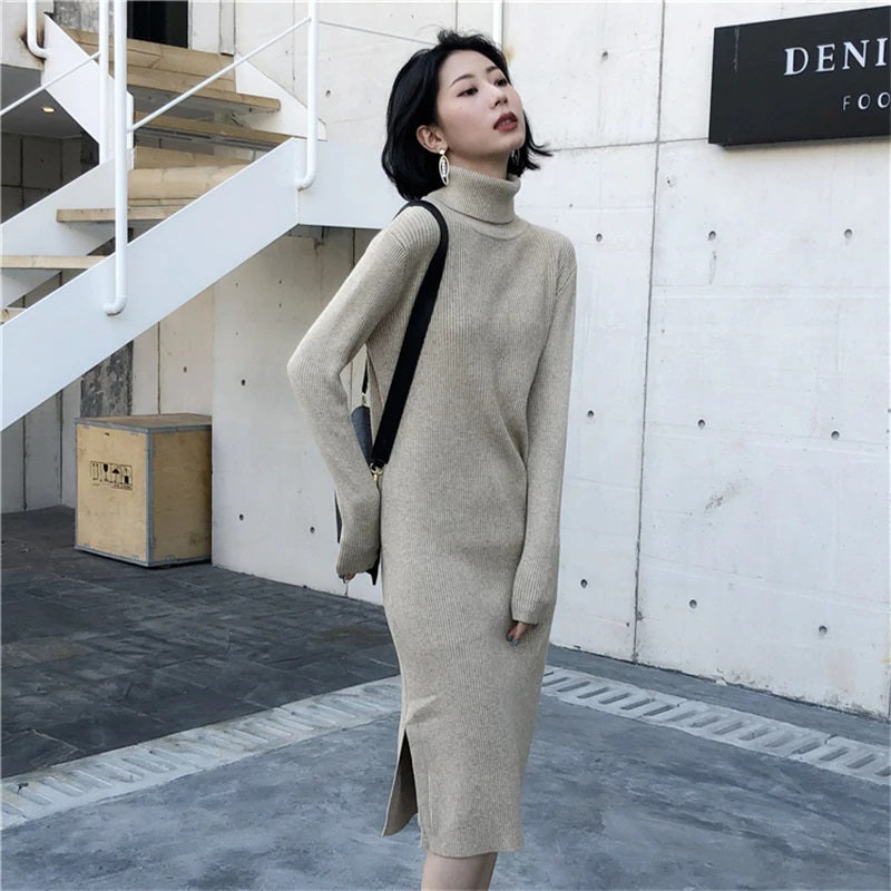 Turtleneck Stretched Side Split Sweater Dress