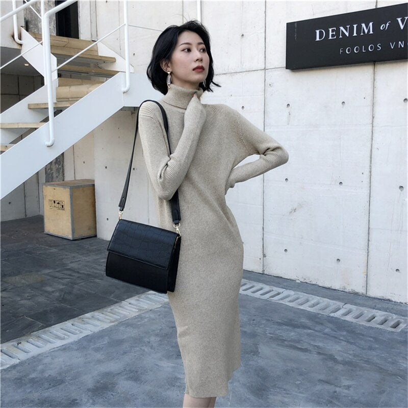 Turtleneck Stretched Side Split Sweater Dress