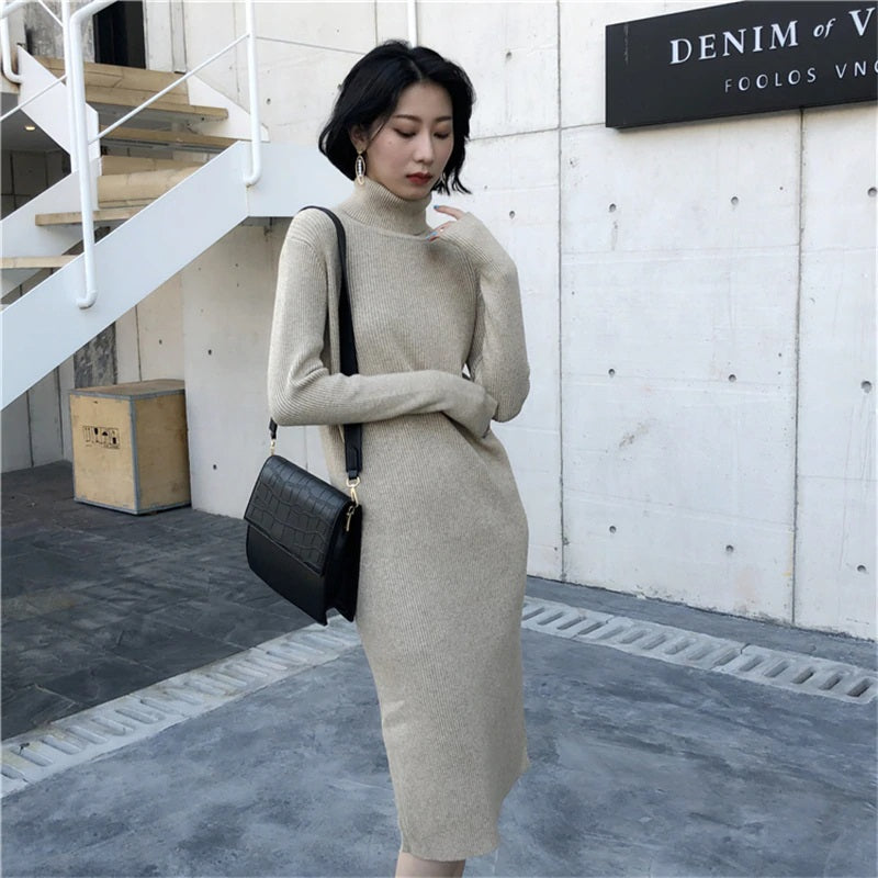 Turtleneck Stretched Side Split Sweater Dress