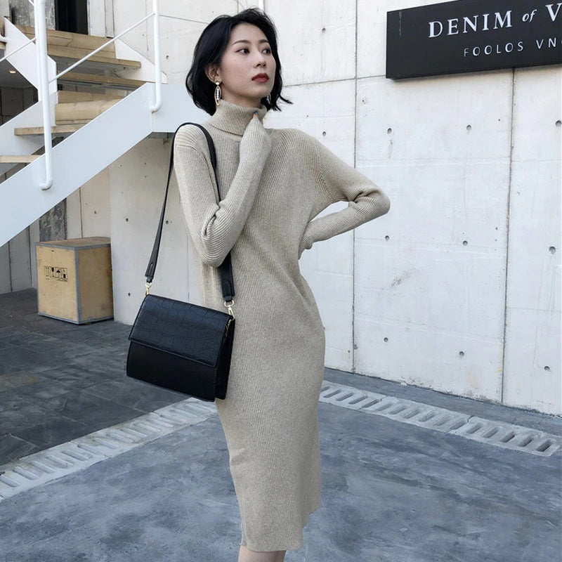 Turtleneck Stretched Side Split Sweater Dress