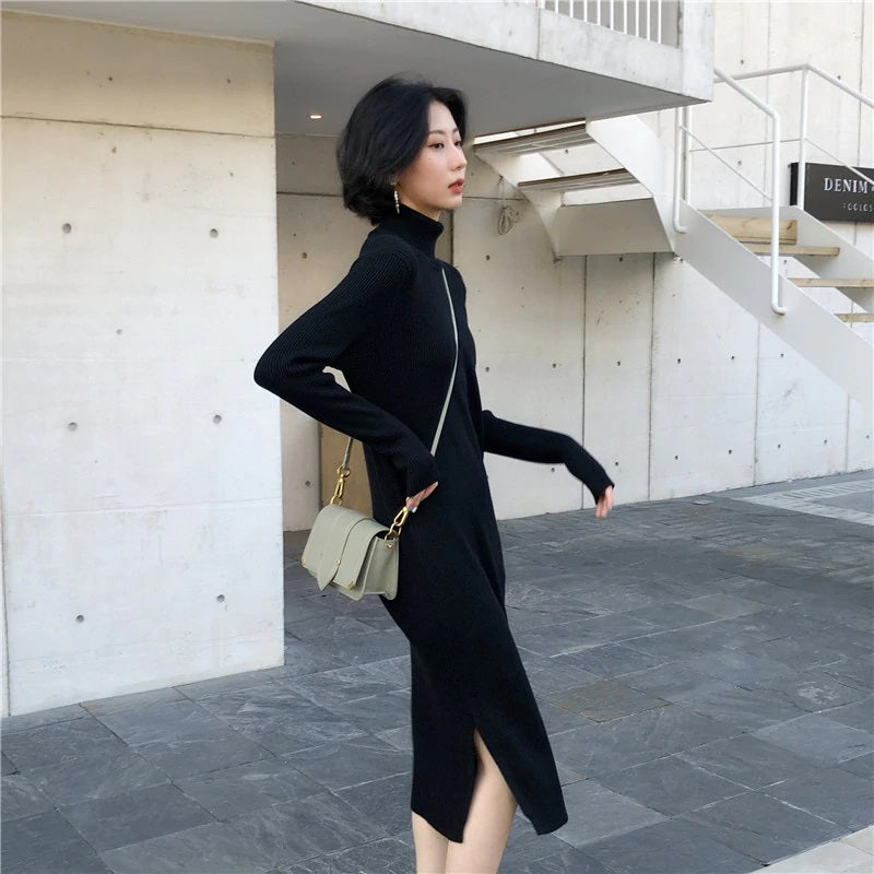 Turtleneck Stretched Side Split Sweater Dress