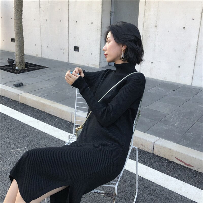 Turtleneck Stretched Side Split Sweater Dress