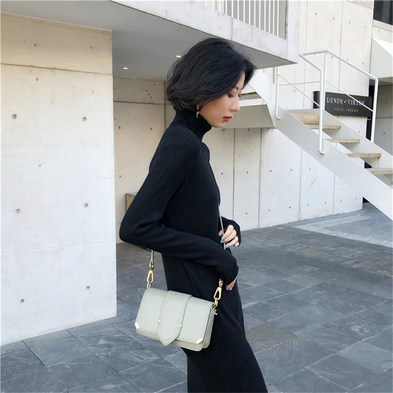 Turtleneck Stretched Side Split Sweater Dress