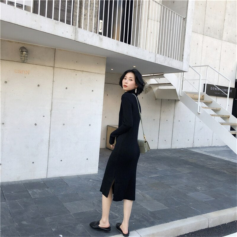 Turtleneck Stretched Side Split Sweater Dress