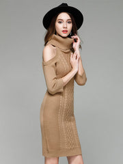 Turtleneck Sweater Cold Shoulder Long Sleeve Slim Fit Jumper Dress