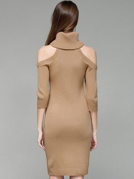 Turtleneck Sweater Cold Shoulder Long Sleeve Slim Fit Jumper Dress