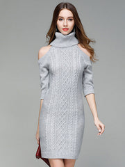 Turtleneck Sweater Cold Shoulder Long Sleeve Slim Fit Jumper Dress