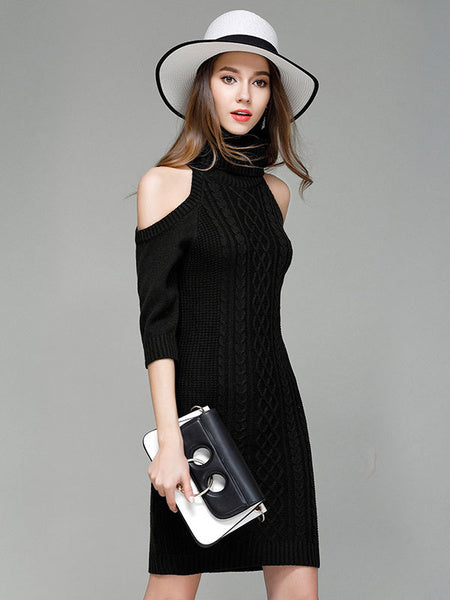 Turtleneck Sweater Cold Shoulder Long Sleeve Slim Fit Jumper Dress