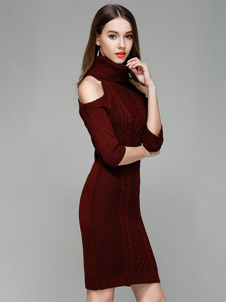Turtleneck Sweater Cold Shoulder Long Sleeve Slim Fit Jumper Dress