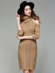 Turtleneck Sweater Cold Shoulder Long Sleeve Slim Fit Jumper Dress