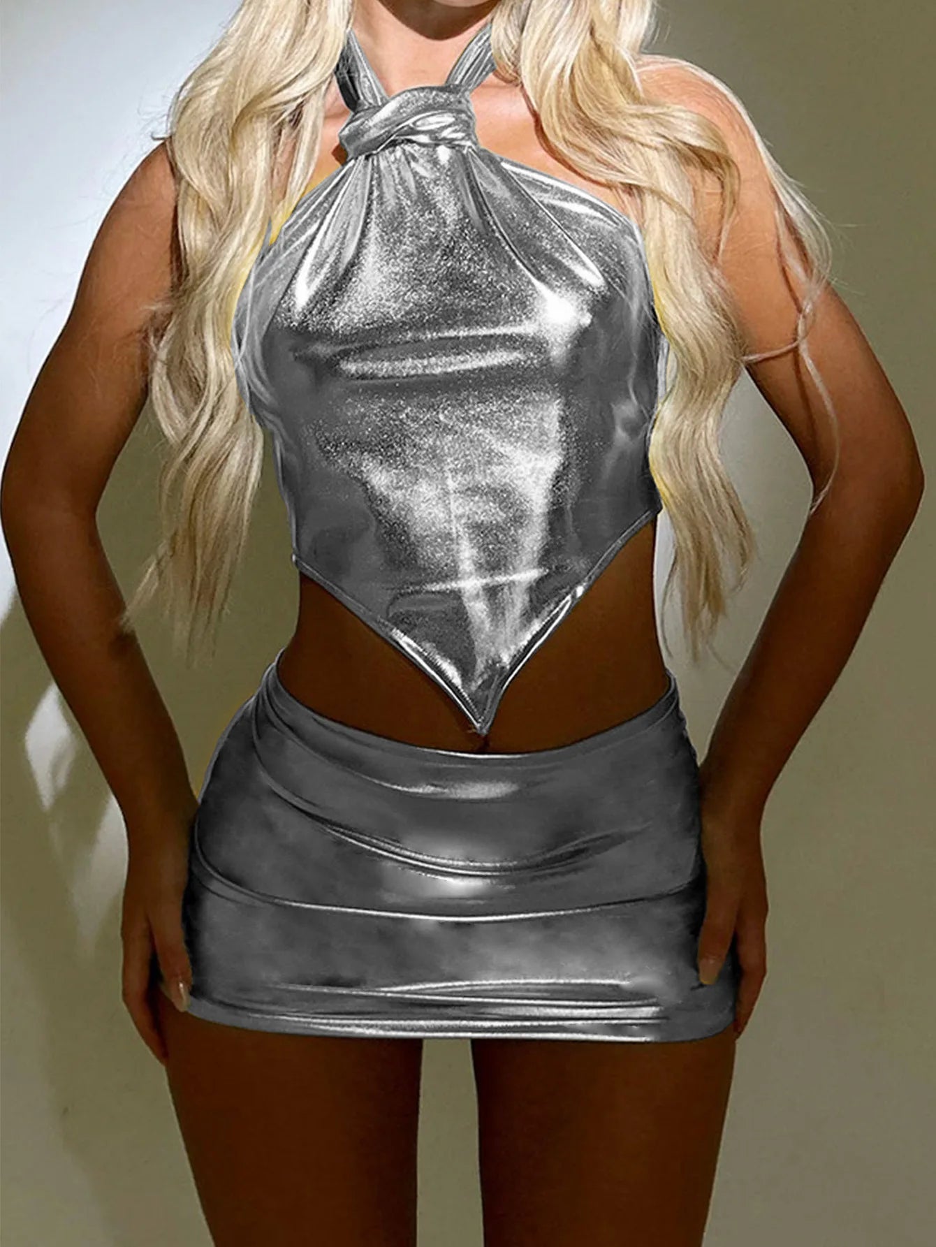 Two Piece Rave Outfit Party Top Pleated Skirt Set Nightclub Bar Festival Vacation Suits