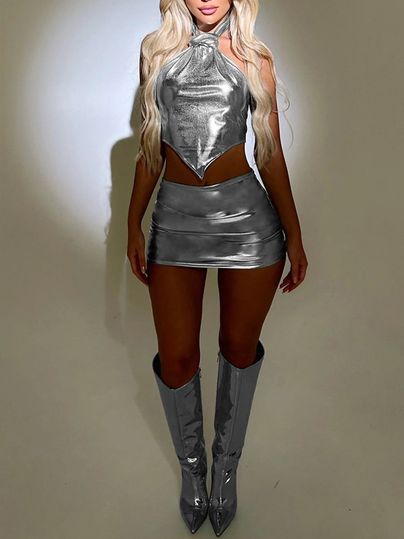 Two Piece Rave Outfit Party Top Pleated Skirt Set Nightclub Bar Festival Vacation Suits