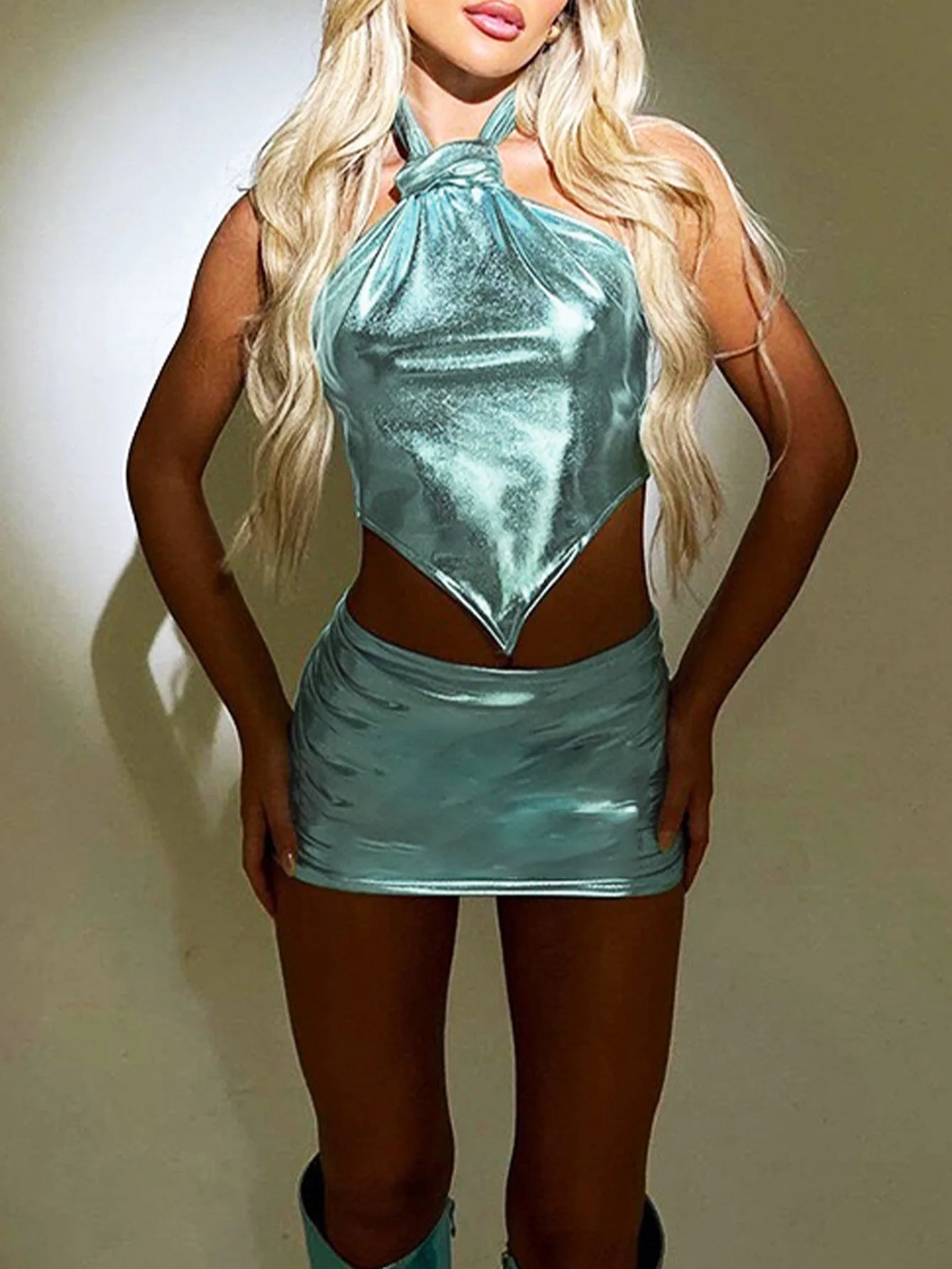 Two Piece Rave Outfit Party Top Pleated Skirt Set Nightclub Bar Festival Vacation Suits