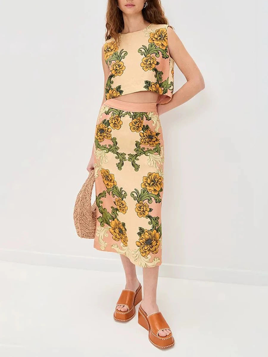Two Piece Set O Neck Short Sleeve Top Highwaist Skirts Elegant Sets
