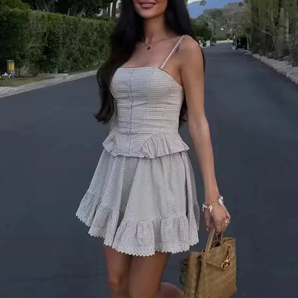 Two Piece Set Strapless Sleeveless Top High Waist Skirts Sets