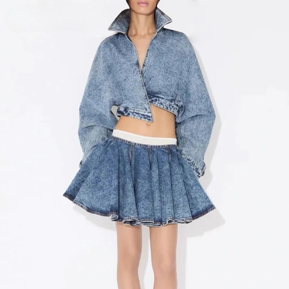 Two Piece Sets Lapel Long Sleeves Top High Waist Spliced Folds Skirts Set