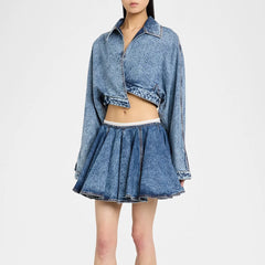 Two Piece Sets Lapel Long Sleeves Top High Waist Spliced Folds Skirts Set