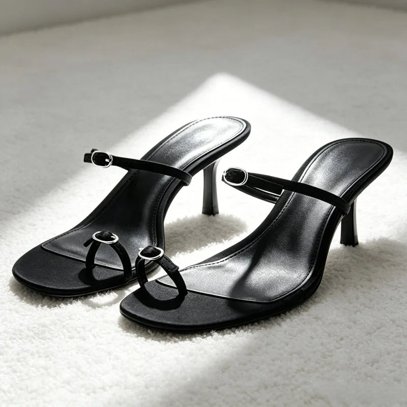 Unique Metal Buckle Detail Mule Sandals Cozy Adjustable Narrow-band Kitten-heel Slide Sandals Elegant Clip Toe Flip Flops