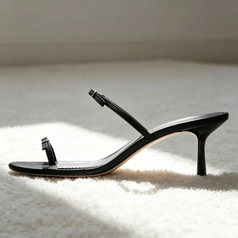 Unique Metal Buckle Detail Mule Sandals Cozy Adjustable Narrow-band Kitten-heel Slide Sandals Elegant Clip Toe Flip Flops