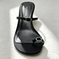 Unique Metal Buckle Detail Mule Sandals Cozy Adjustable Narrow-band Kitten-heel Slide Sandals Elegant Clip Toe Flip Flops