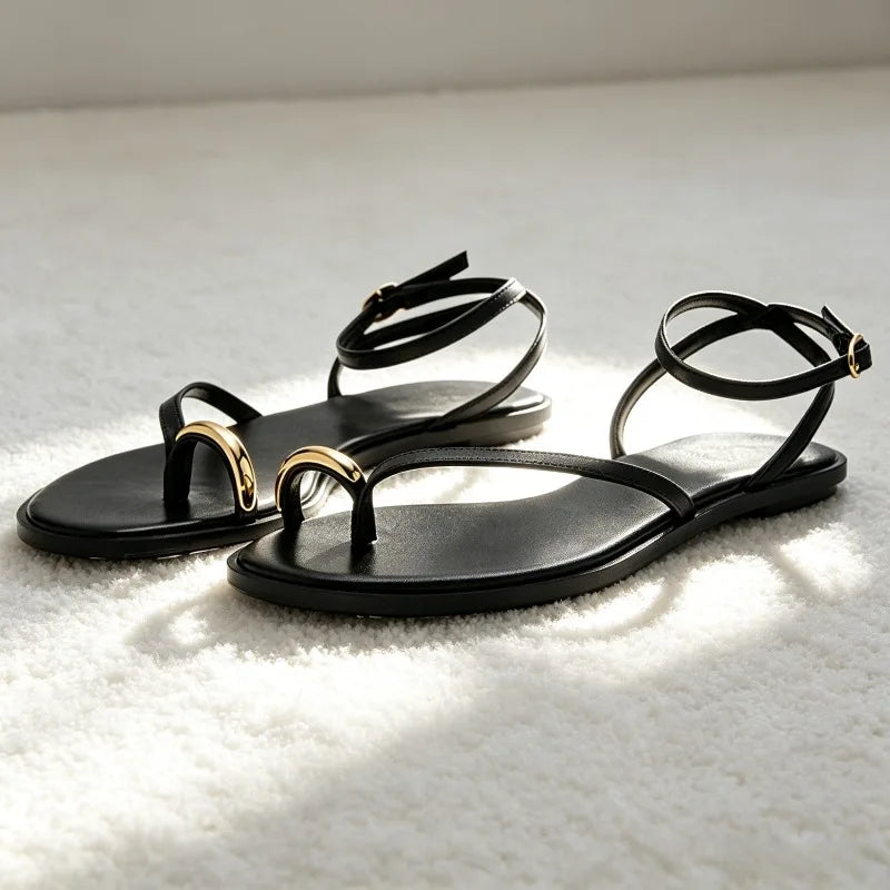 Unique Metal Detail Flat Sandals for Ankle Straps Buckle Designer Shoes