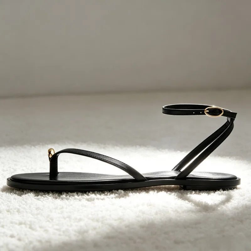 Unique Metal Detail Flat Sandals for Ankle Straps Buckle Designer Shoes